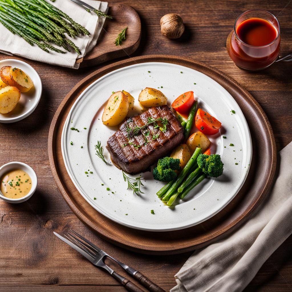 Ox fillet with vegetables, potatoes and sauce
