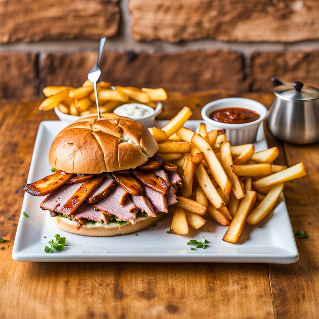 Roasted pork sandwich with fries