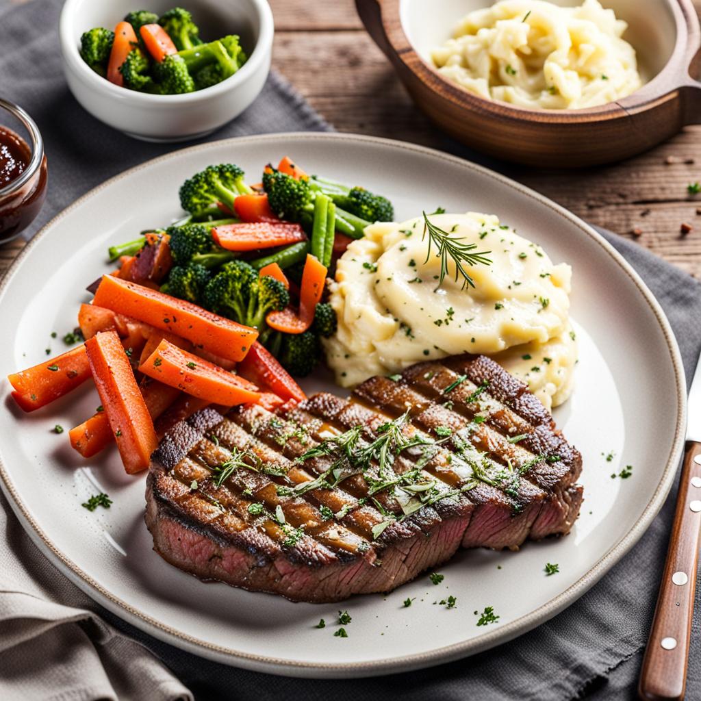 Steak with mashed potatoes and vegetables